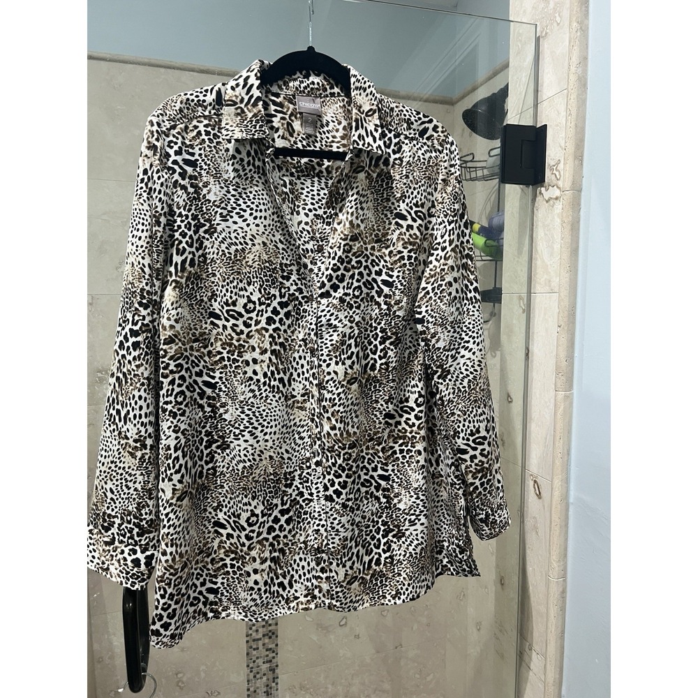 Chico's Brown White Animal Print Silky Button Up Tunic Top Size 2 L 12 14 NWT